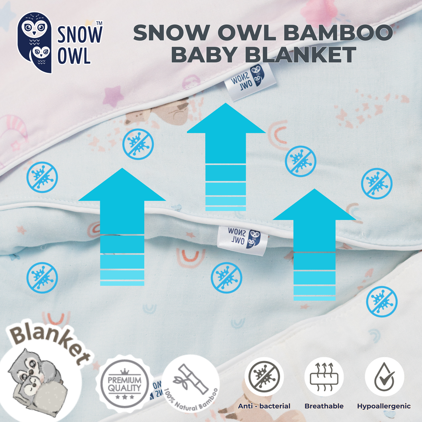 SNOW OWL BAMBOO Blanket Baby 36x36 - Lovely Sky White