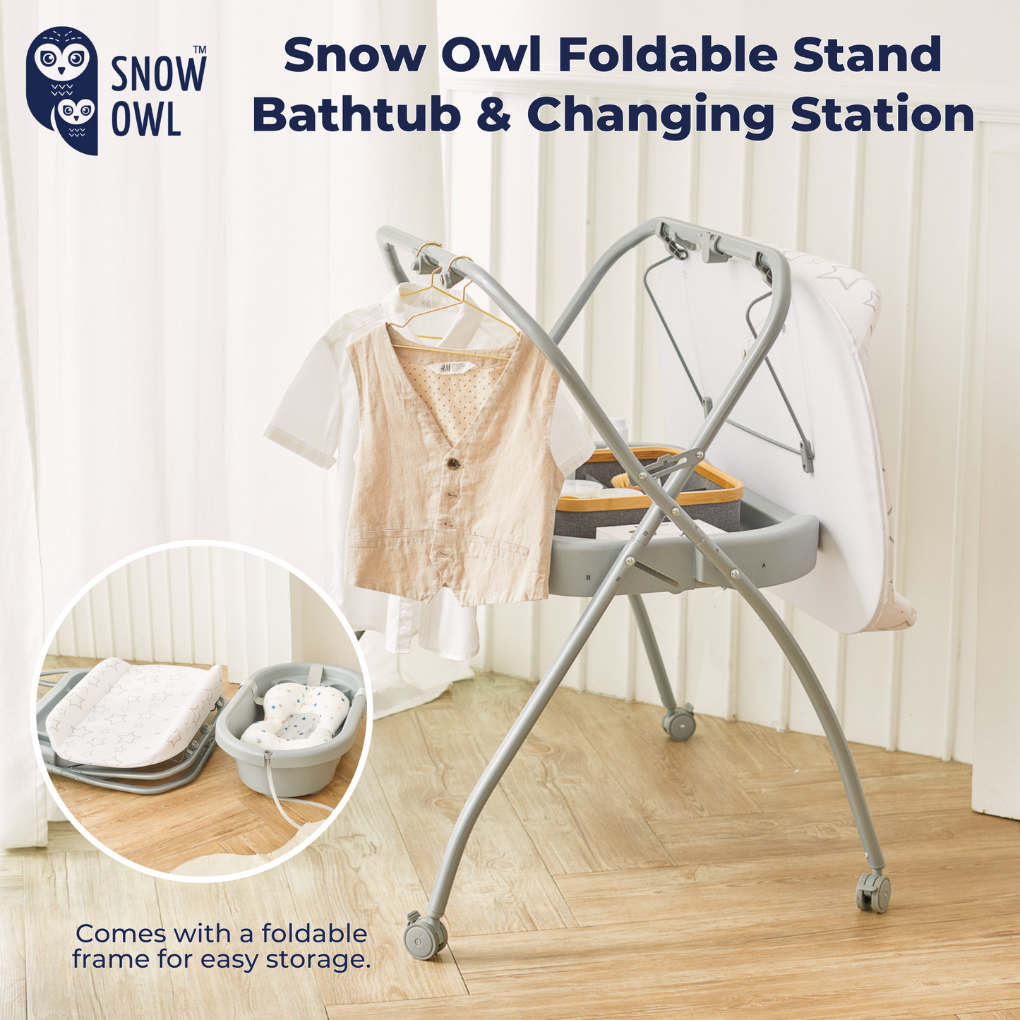 Snow Owl Foldable Stand Bathtub & Changing Station - Stars