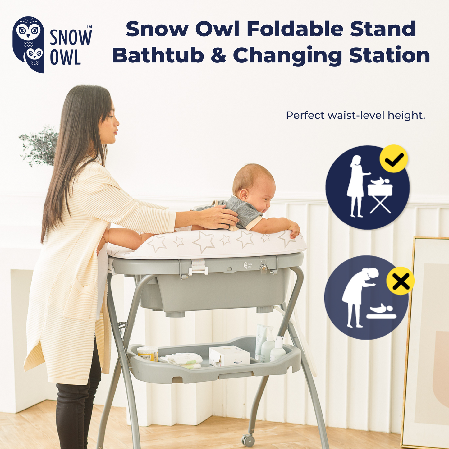 Snow Owl Foldable Stand Bathtub & Changing Station - Stars