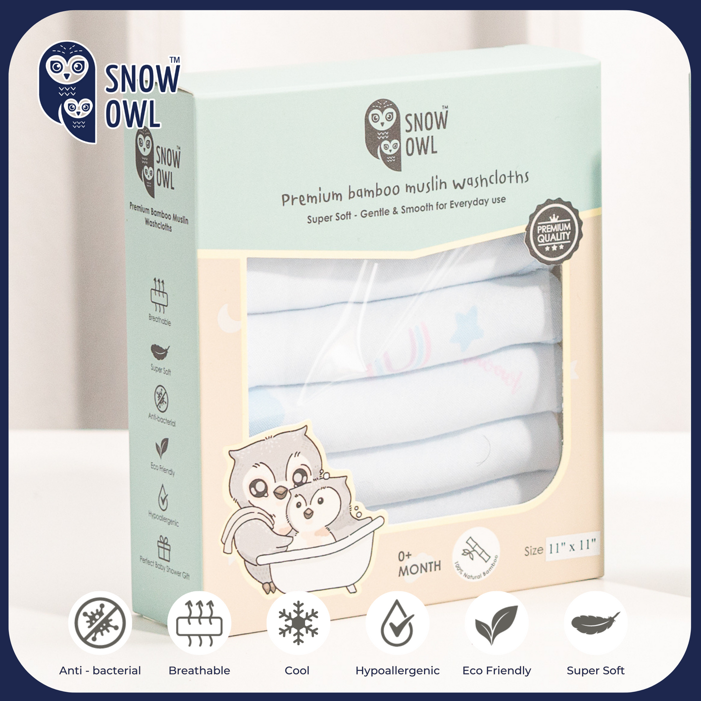SNOW OWL BAMBOO Muslin 11x11 Pack of 6 - Lovely Sky Blue