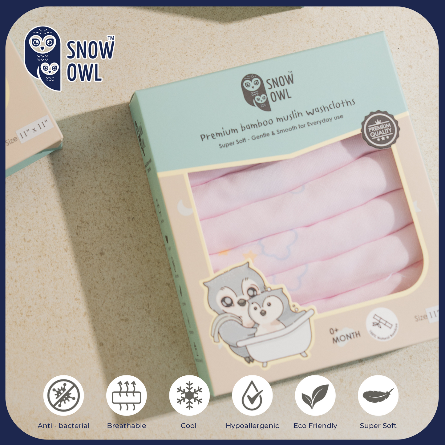 SNOW OWL BAMBOO Muslin 11x11 Pack of 6 - Lovely Sky Pink