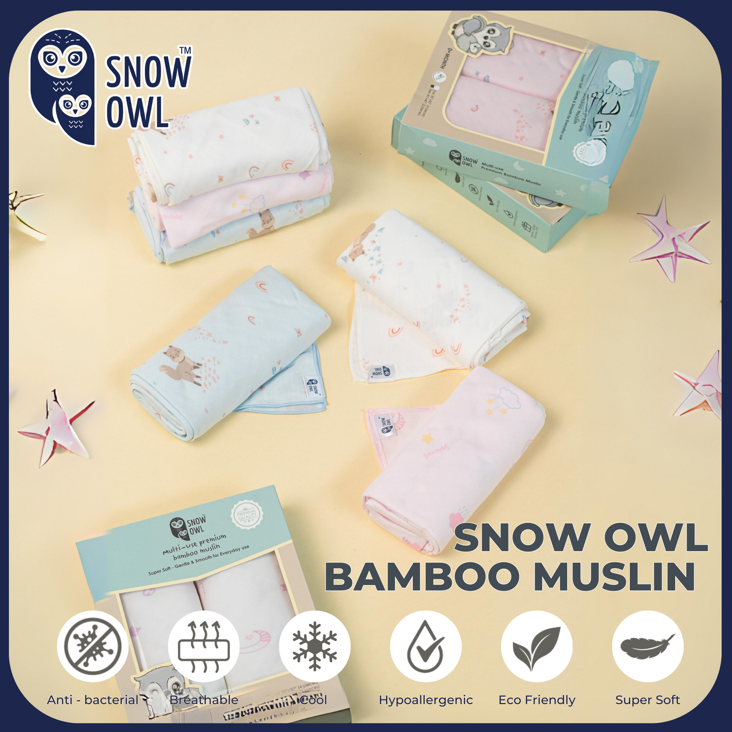 SNOW OWL BAMBOO Muslin 40x40 Pack of 2 - Spring Fox Pink