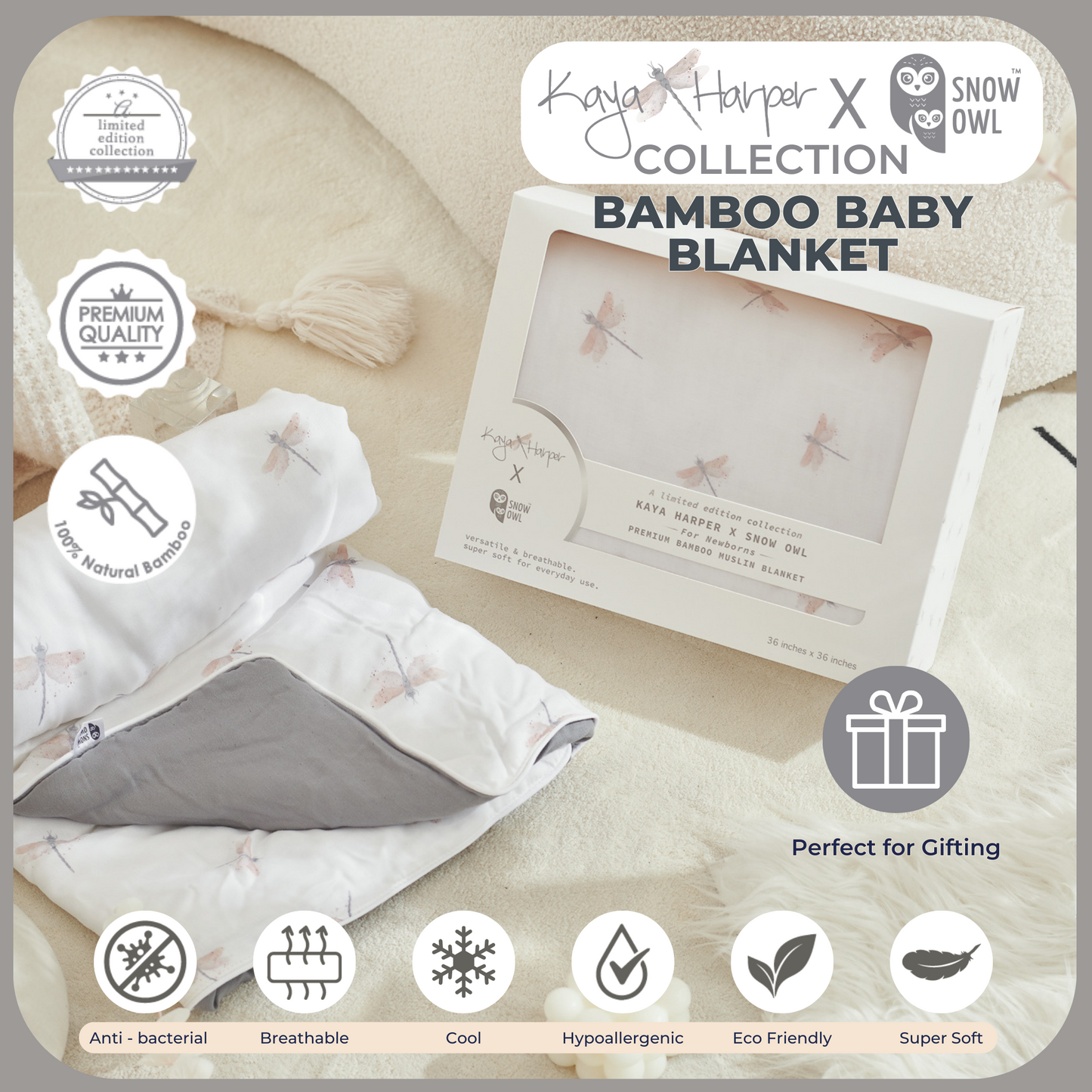 Snow Owl Bamboo Baby Blanket Kaya Harper - 36x36 Gray