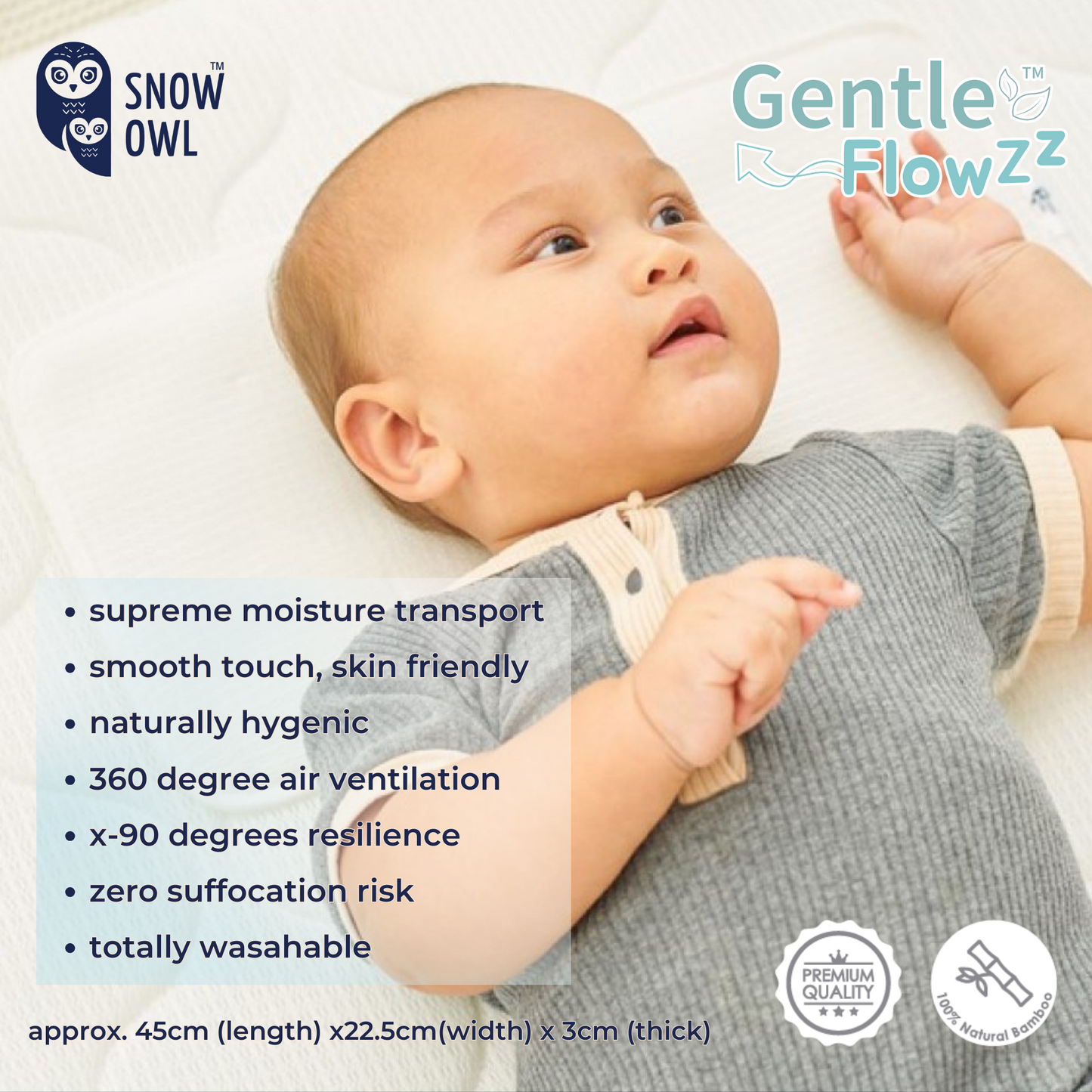 Snow Owl Gentle FlowZz Tencel Baby Pillow - White