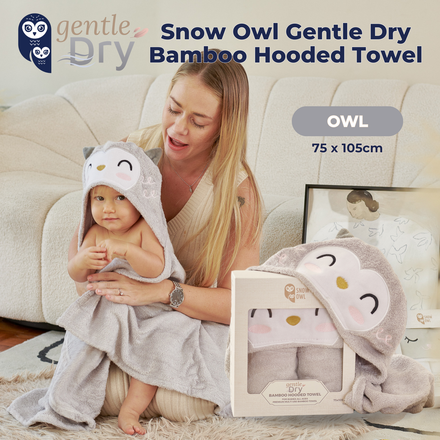 Snow Owl Gentle Dry Bamboo Hooded Towel - Owl