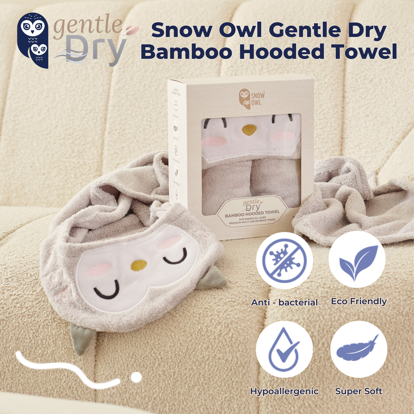 Snow Owl Gentle Dry Bamboo Hooded Towel - Owl