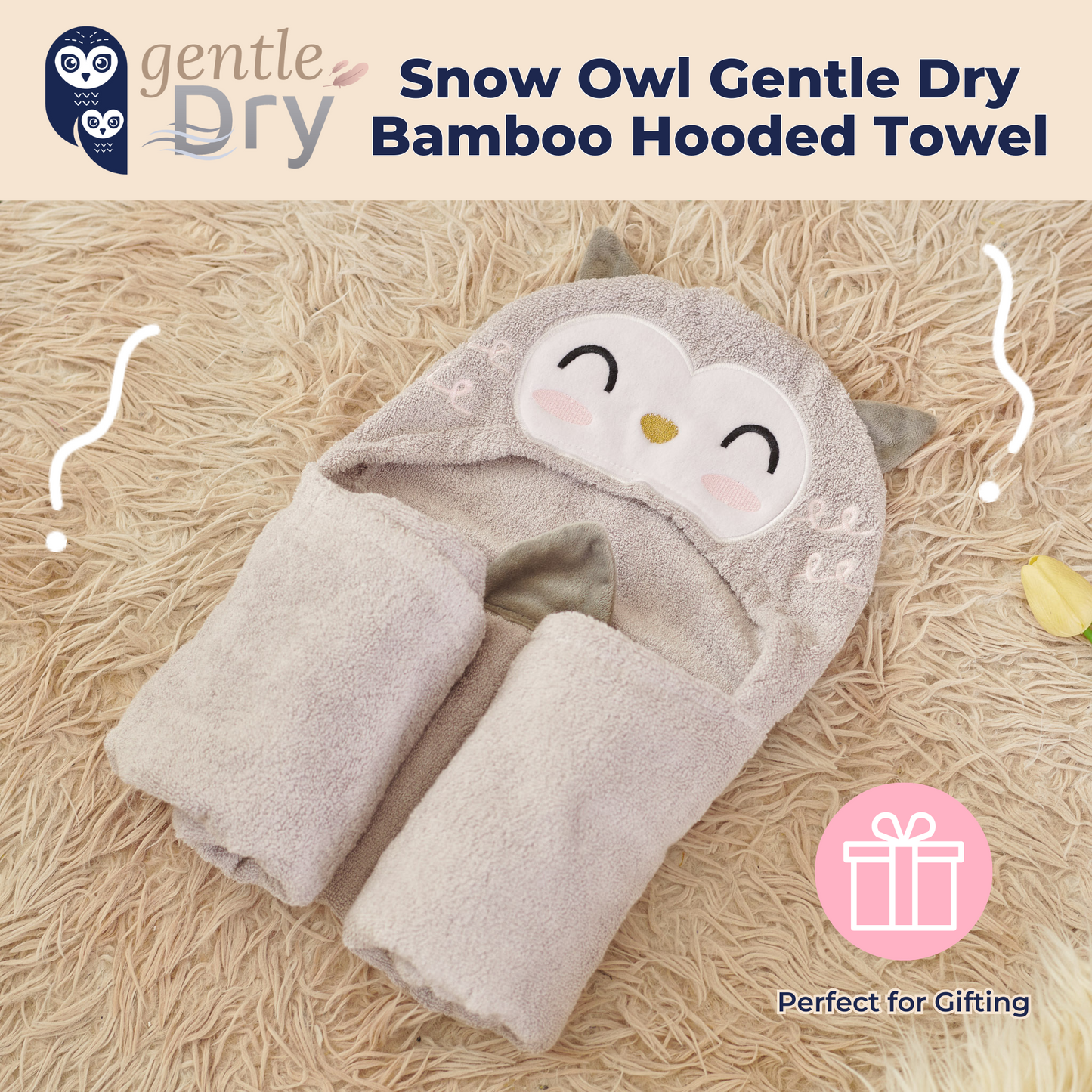 Snow Owl Gentle Dry Bamboo Hooded Towel - Owl