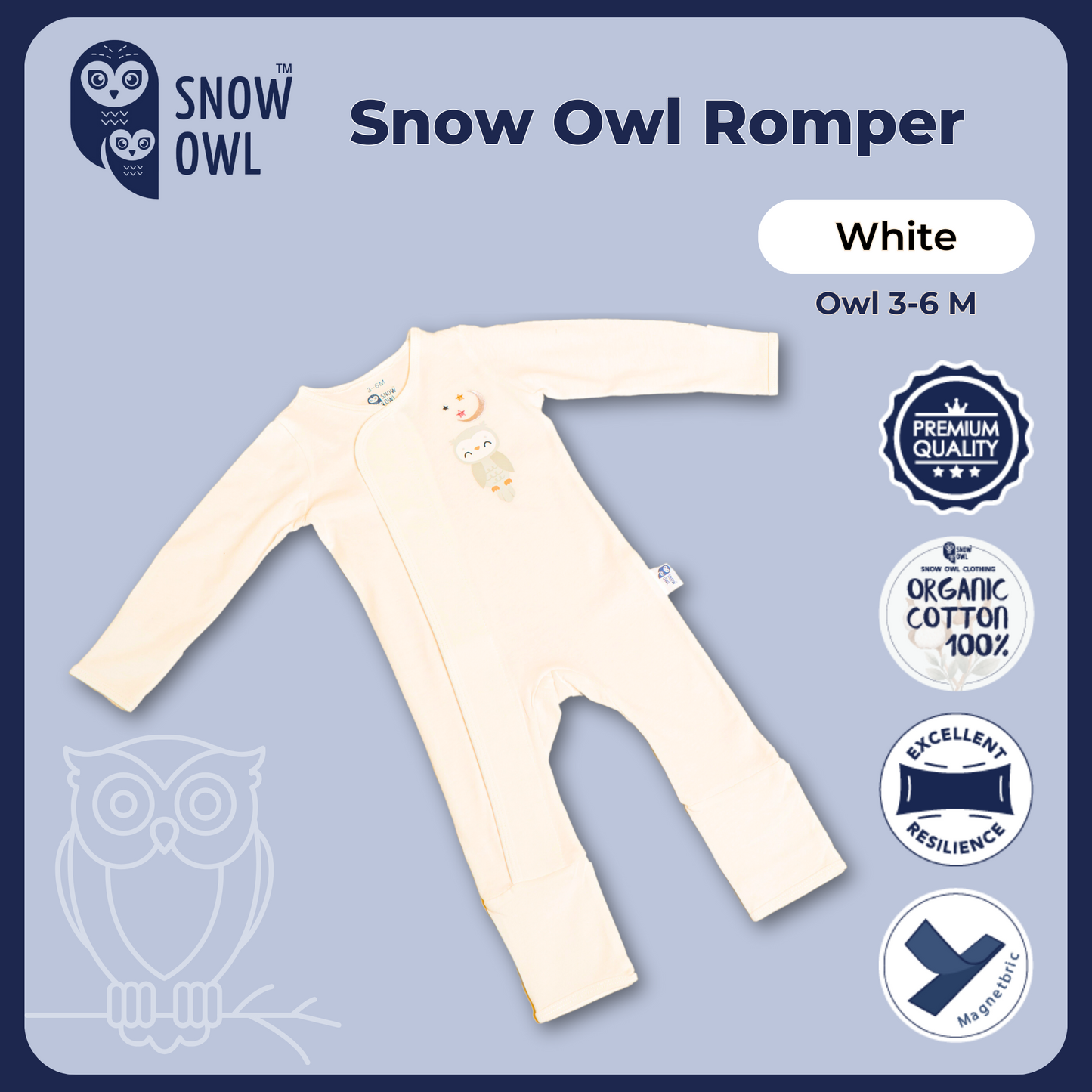 Snow Owl Romper - White Owl 3-6 M