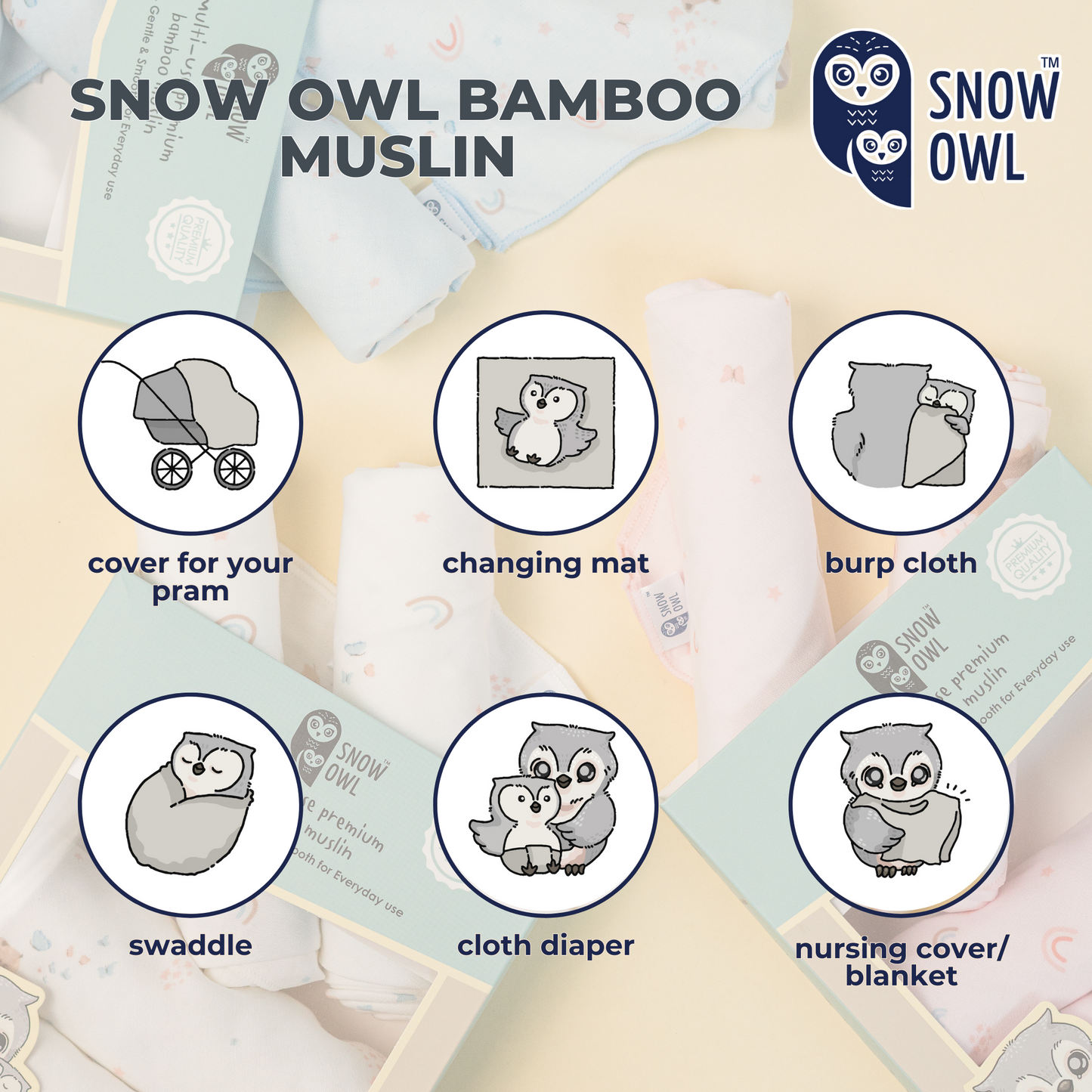 SNOW OWL BAMBOO Muslin 11x11 Pack of 6 - Lovely Sky White