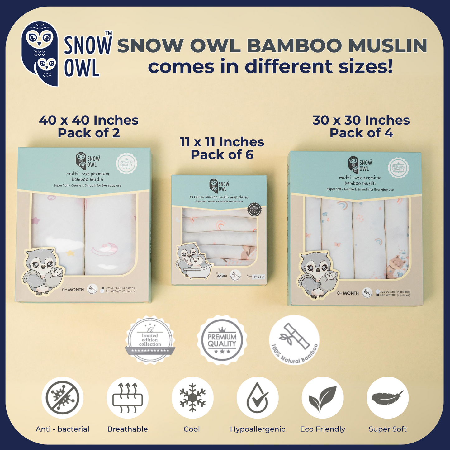 SNOW OWL BAMBOO Muslin 30x30 Pack of 4 - Lovely Sky White