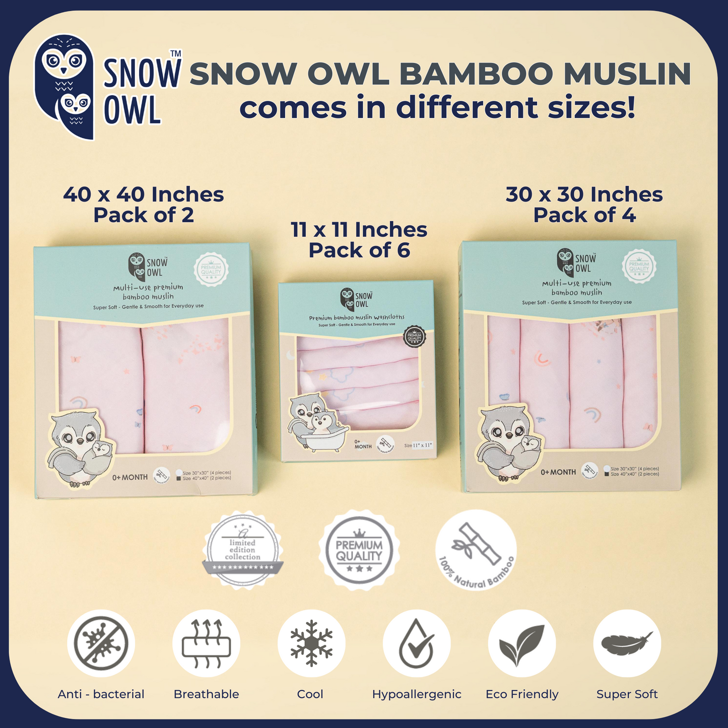 SNOW OWL BAMBOO Muslin 30x30 Pack of 4 - Lovely Sky Pink