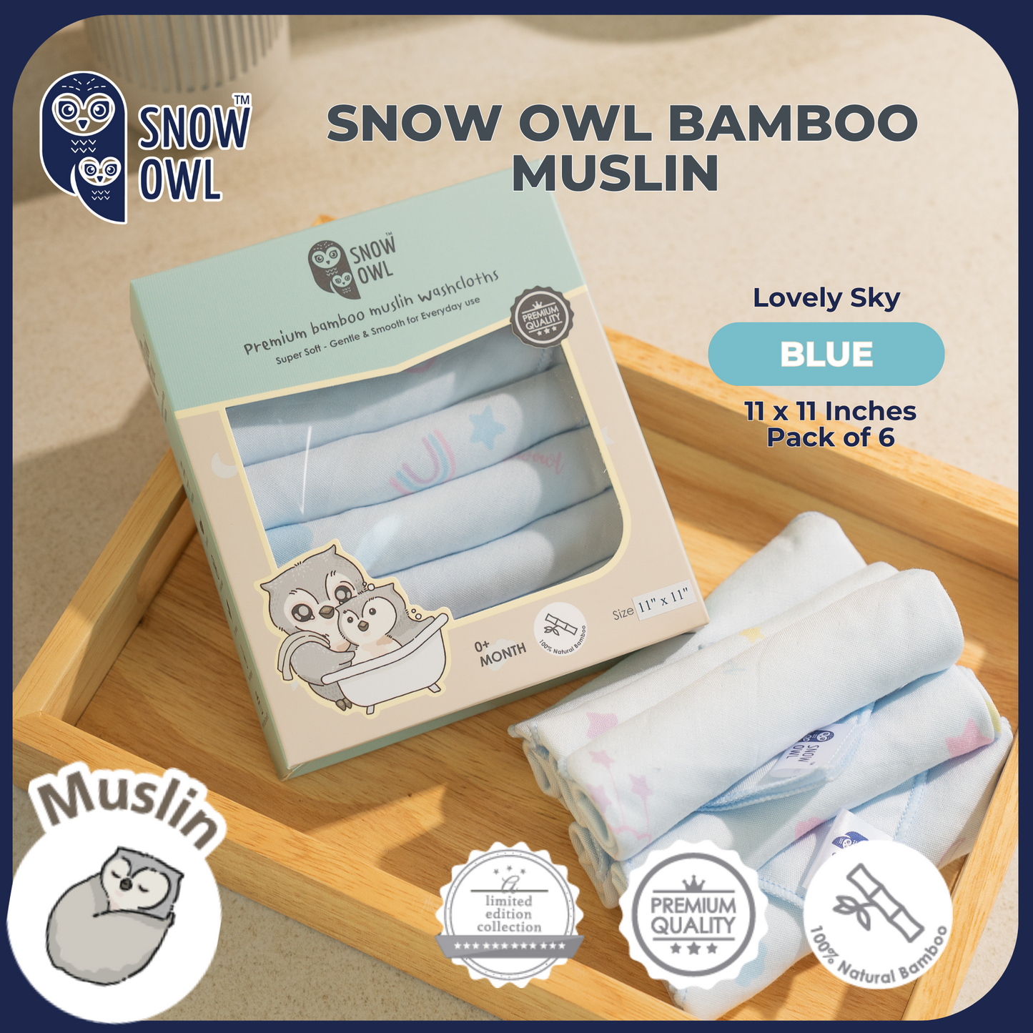 SNOW OWL BAMBOO Muslin 11x11 Pack of 6 - Lovely Sky Blue