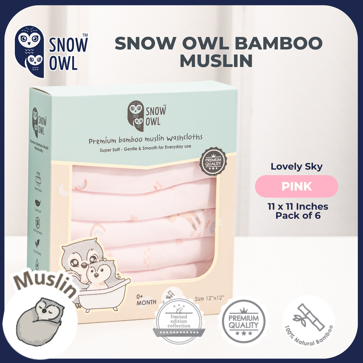 SNOW OWL BAMBOO Muslin 11x11 Pack of 6 - Lovely Sky Pink