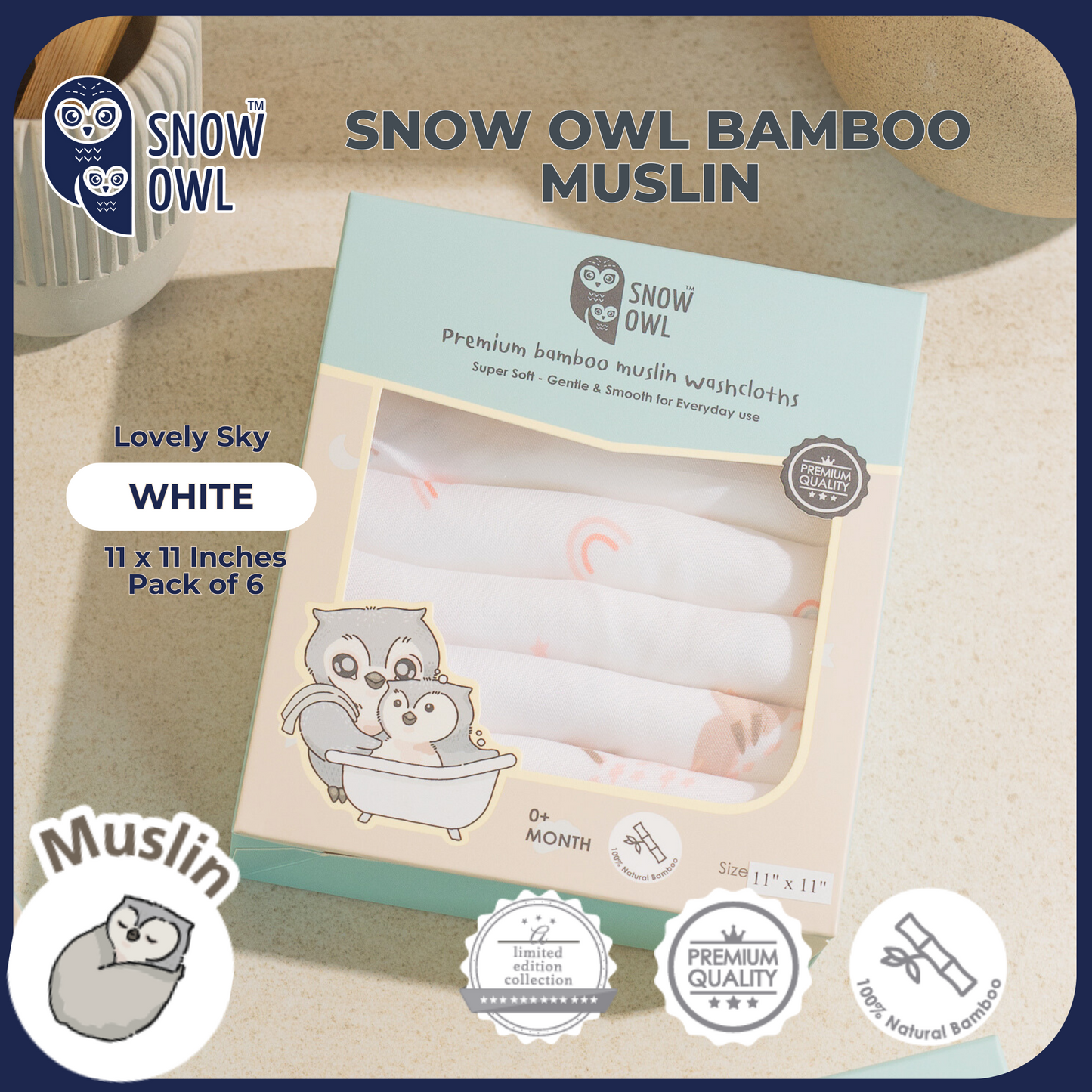 SNOW OWL BAMBOO Muslin 11x11 Pack of 6 - Lovely Sky White