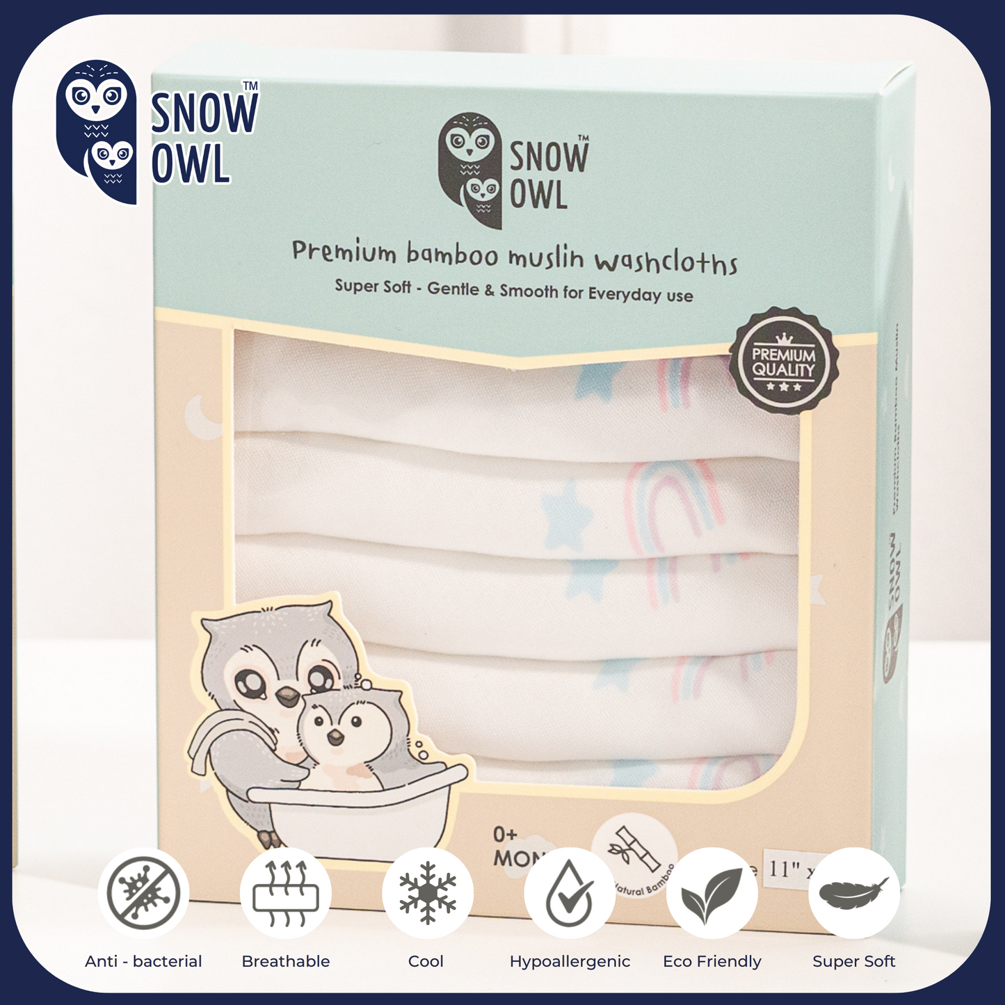SNOW OWL BAMBOO Muslin 11x11 Pack of 6 - Lovely Sky White