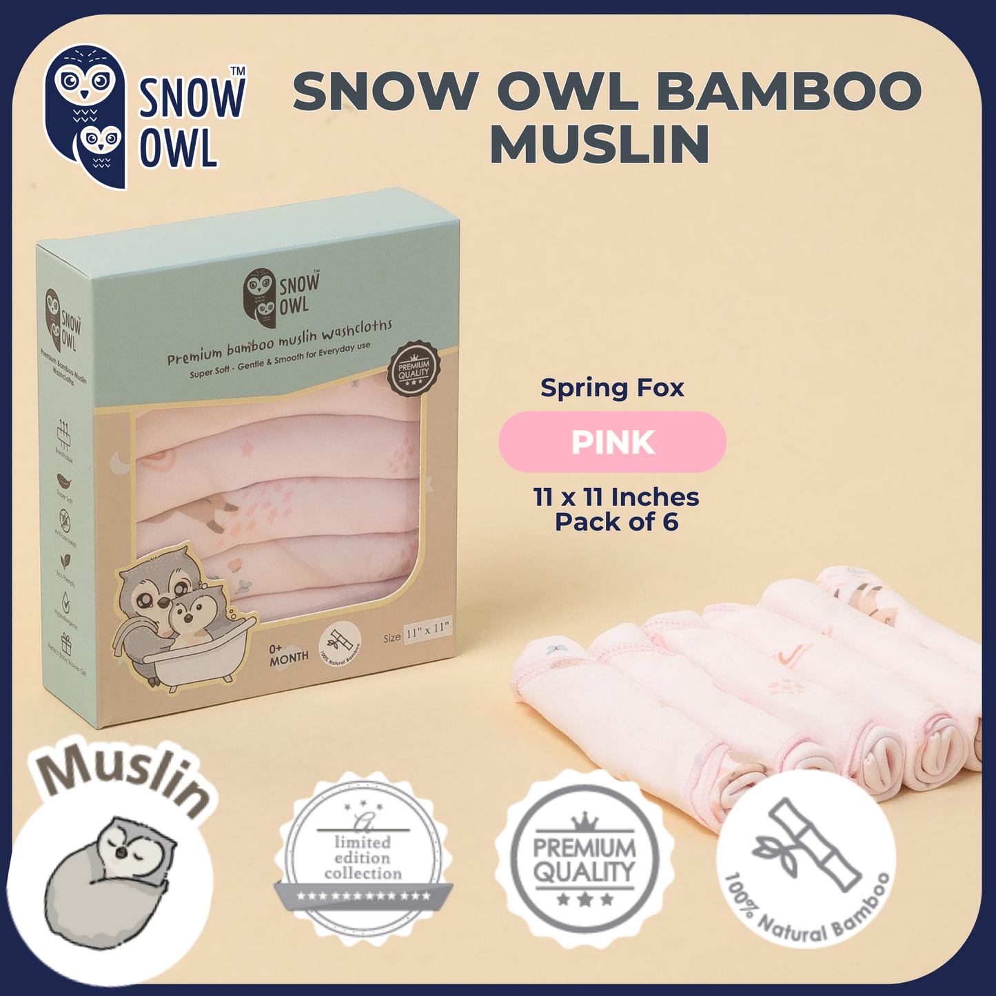 SNOW OWL BAMBOO Muslin 11x11 Pack of 6 - Spring Fox Pink