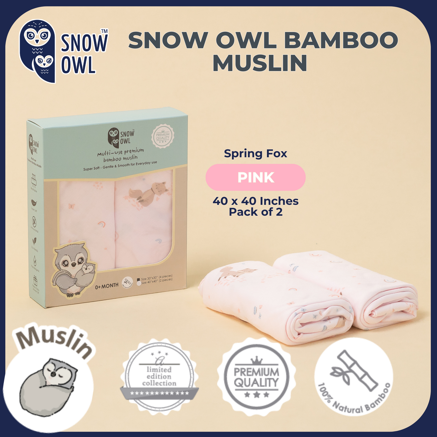 SNOW OWL BAMBOO Muslin 40x40 Pack of 2 - Spring Fox Pink