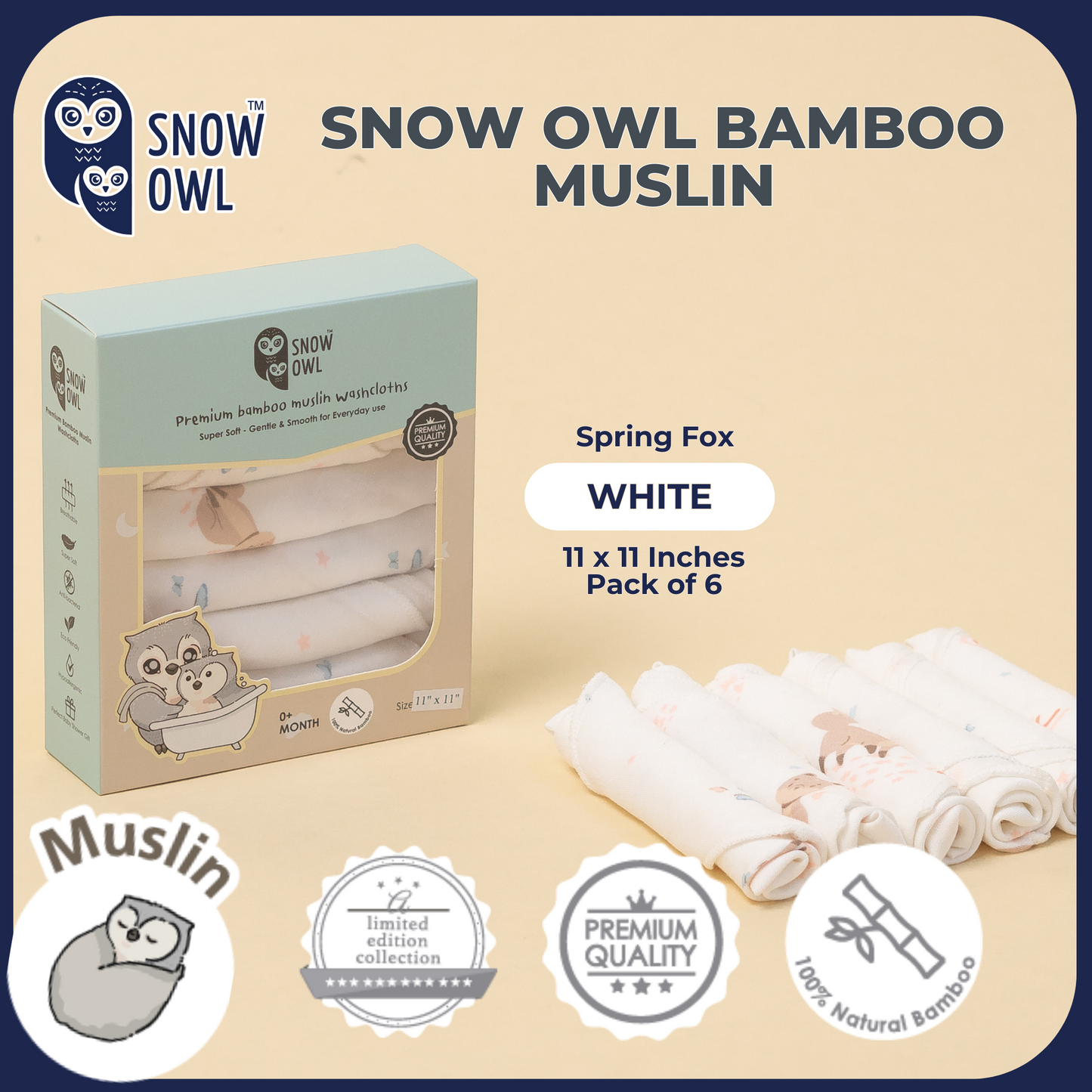 SNOW OWL BAMBOO Muslin 11x11 Pack of 6 - Spring Fox White