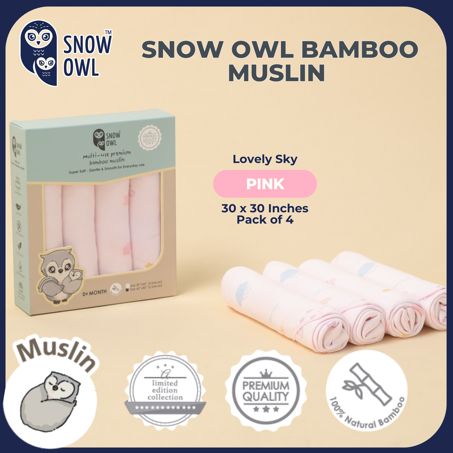 SNOW OWL BAMBOO Muslin 30x30 Pack of 4 - Lovely Sky Pink