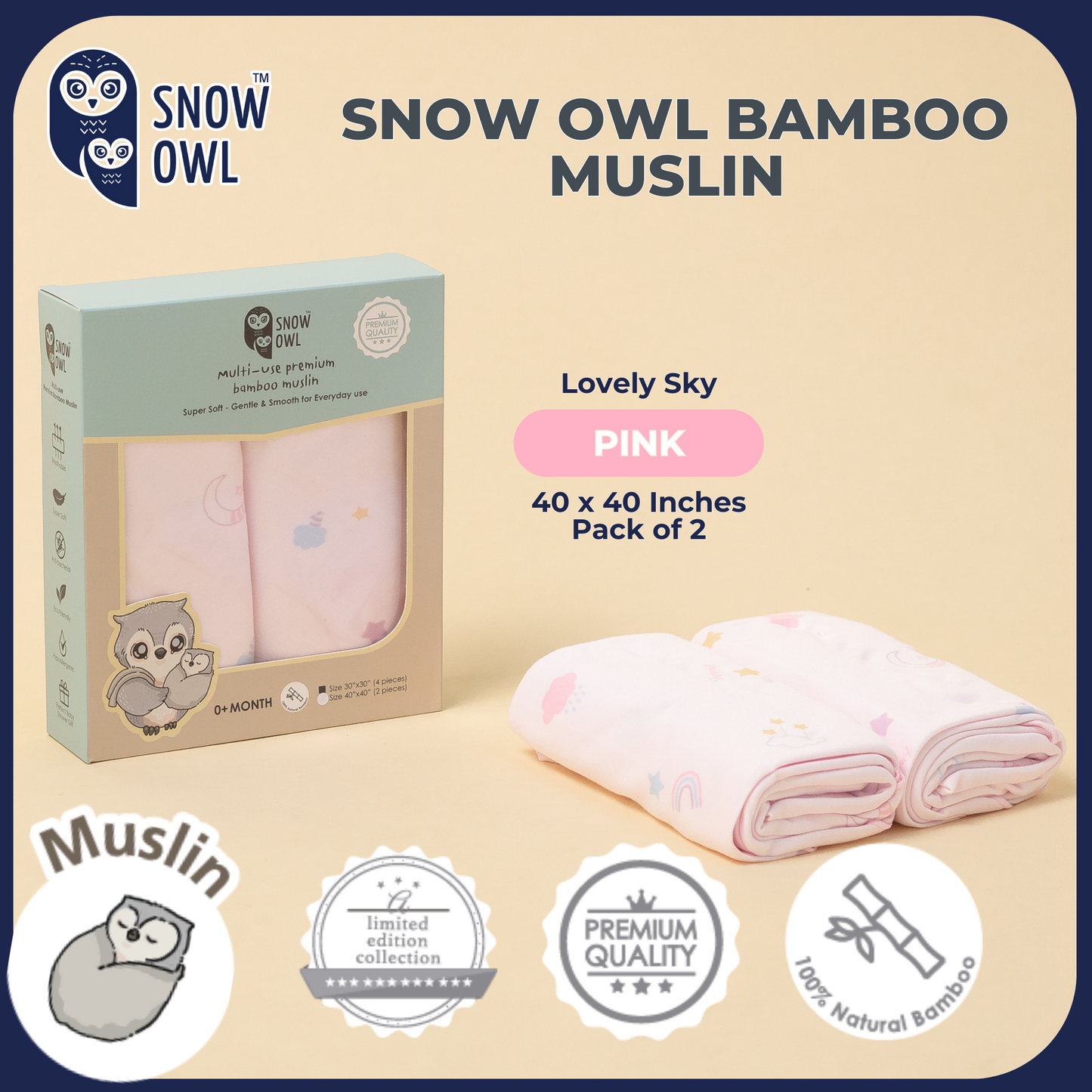 SNOW OWL BAMBOO Muslin 40x40 Pack of 2 - Lovely Sky Pink