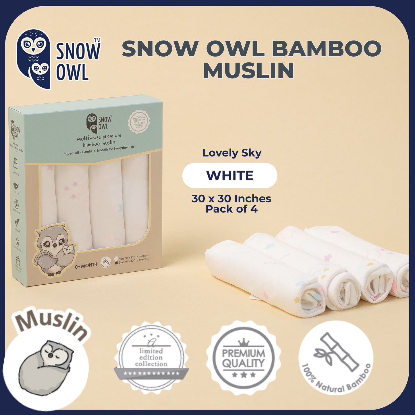 SNOW OWL BAMBOO Muslin 30x30 Pack of 4 - Lovely Sky White