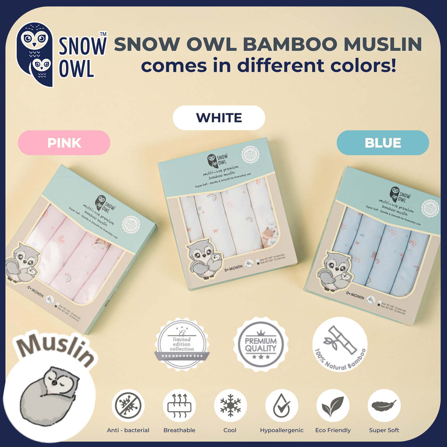 SNOW OWL BAMBOO Muslin 30x30 Pack of 4 - Lovely Sky White