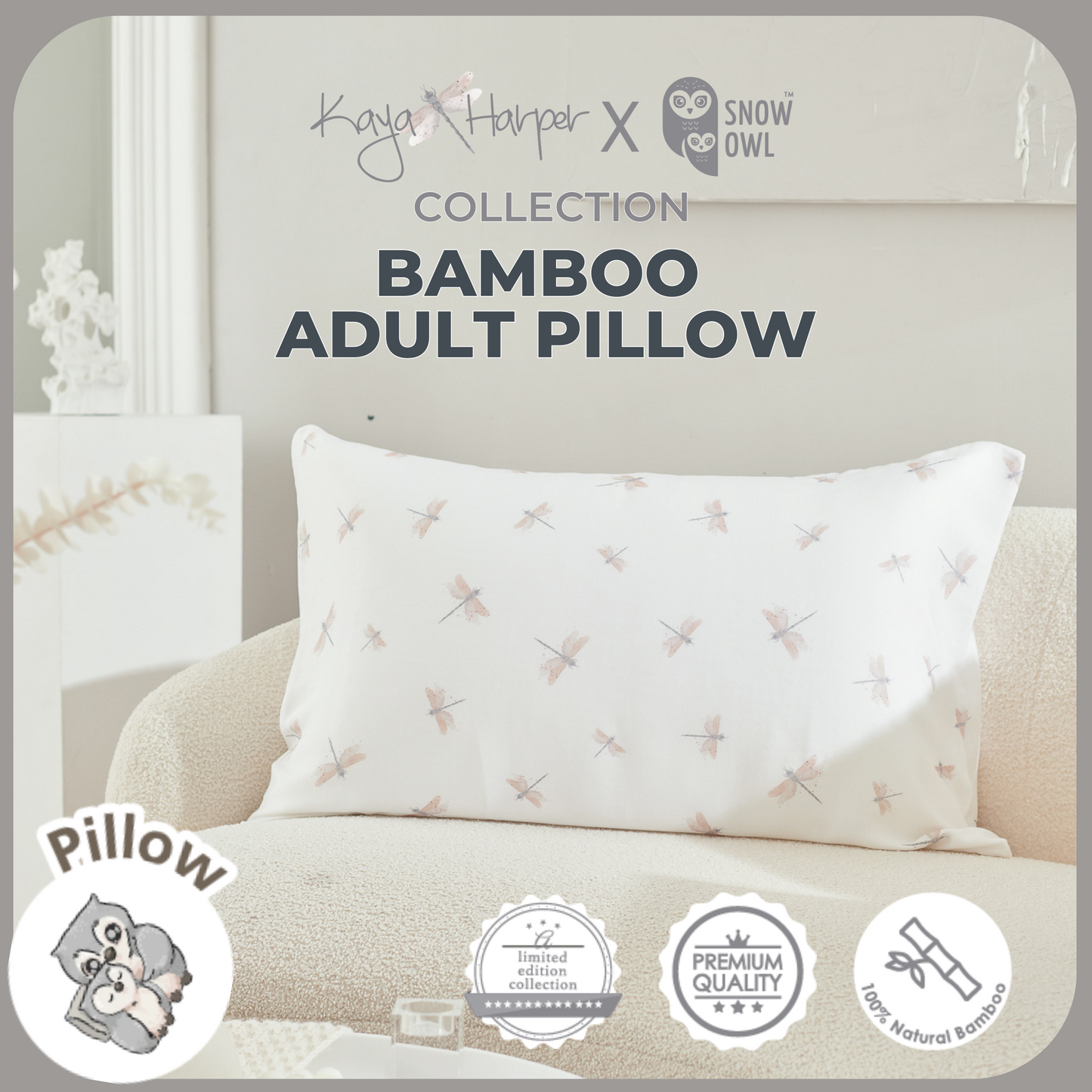 Snow Owl Bamboo Adult Pillow Kaya Harper - Dragon Fly