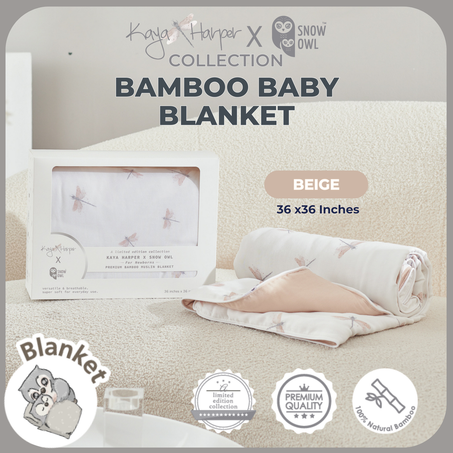 Snow Owl Bamboo Baby Blanket Kaya Harper - 36x36 Beige