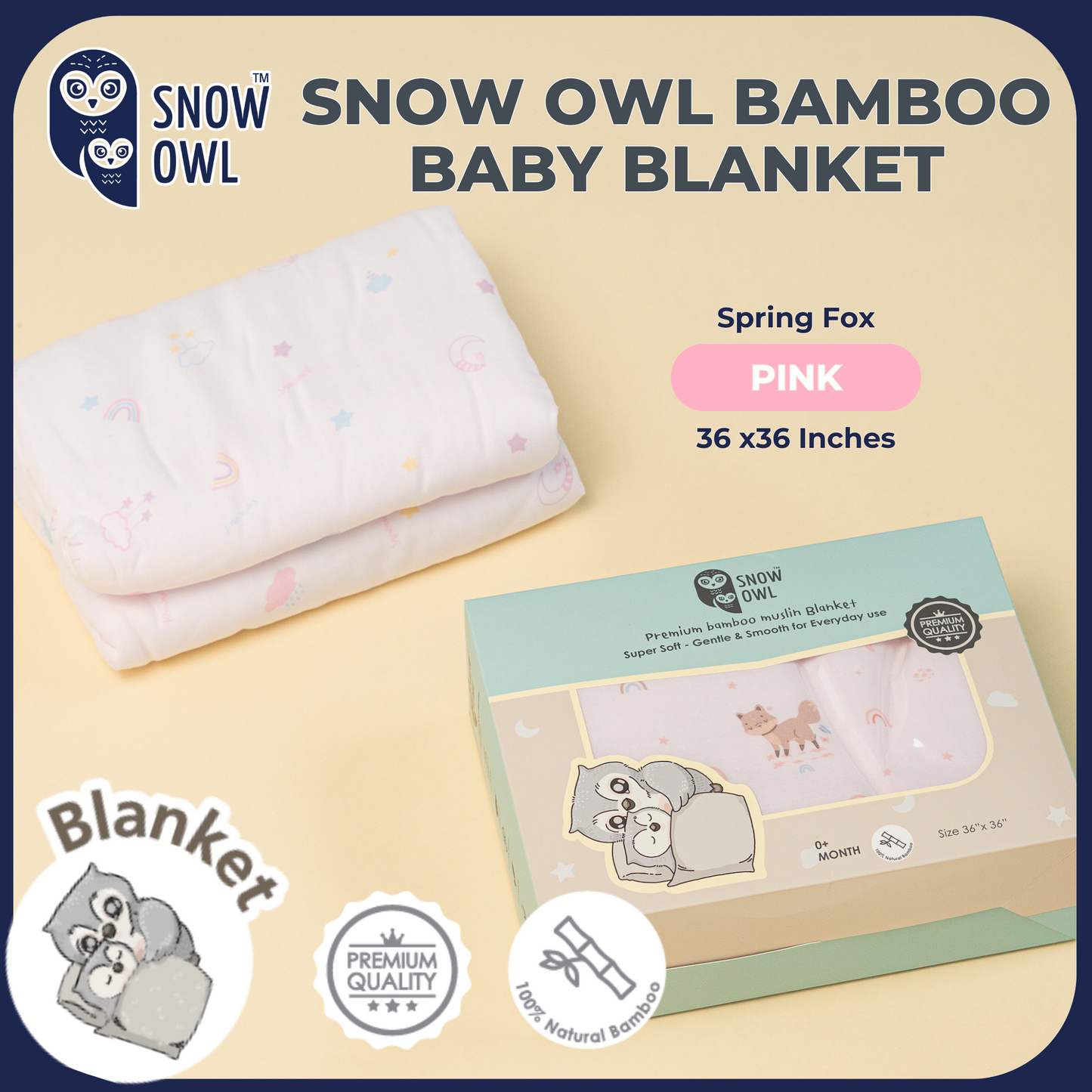 SNOW OWL BAMBOO Blanket Baby 36x36 - Spring Fox Pink