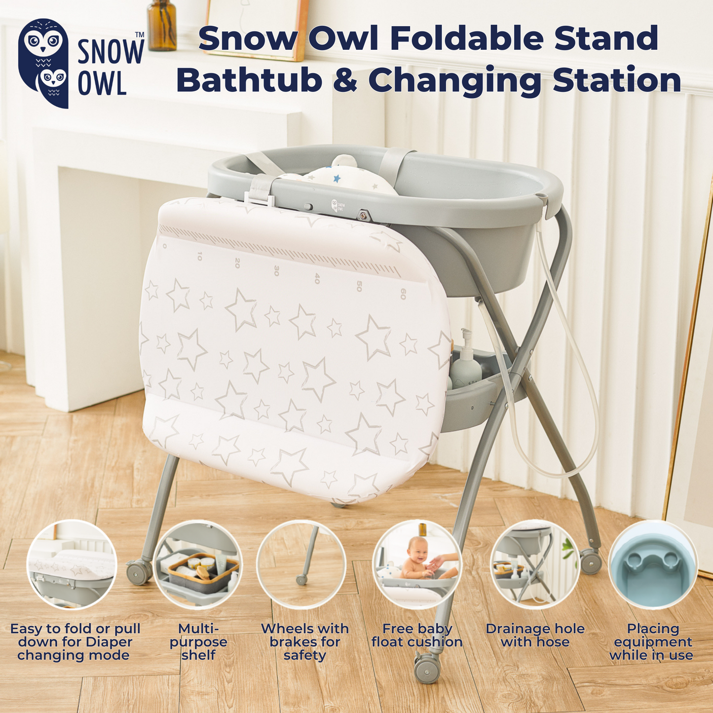 Snow Owl Foldable Stand Bathtub & Changing Station - Stars