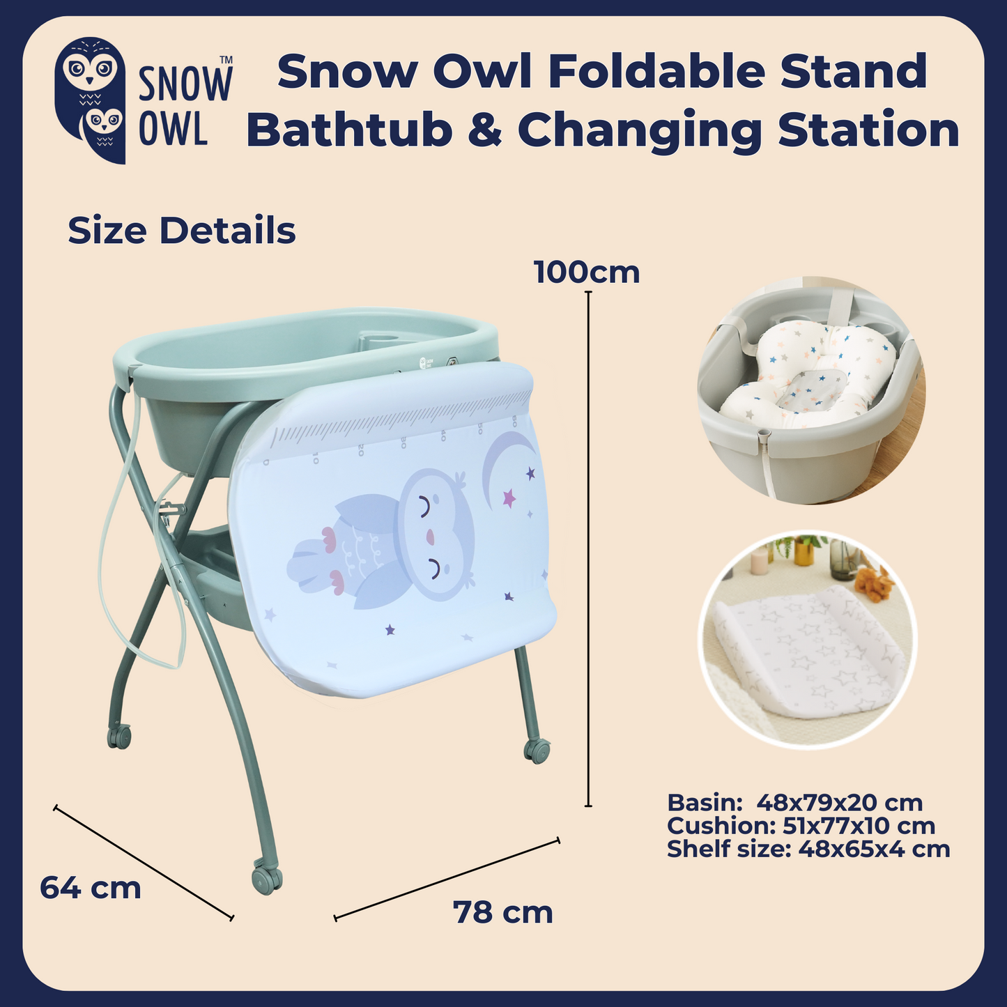 Snow Owl Foldable Stand Bathtub & Changing Station - Stars