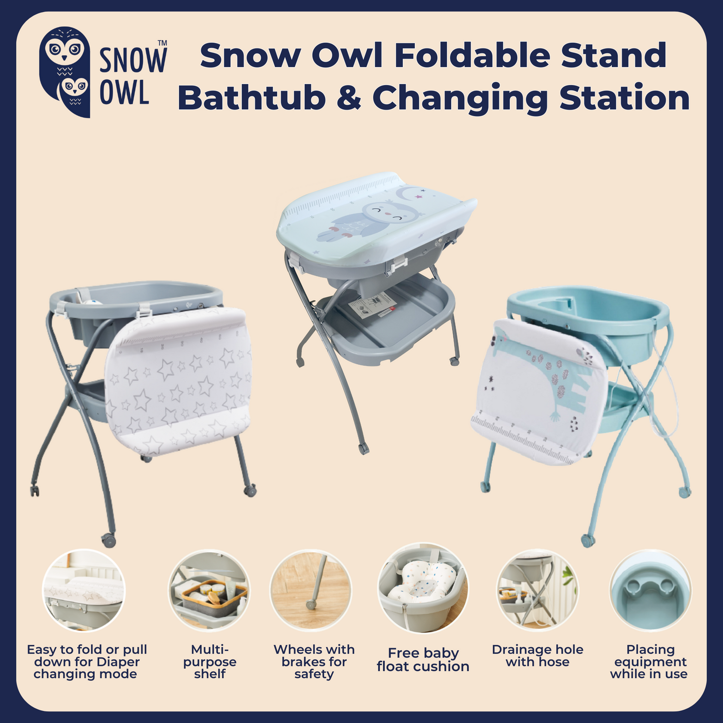 Snow Owl Foldable Stand Bathtub & Changing Station - Stars