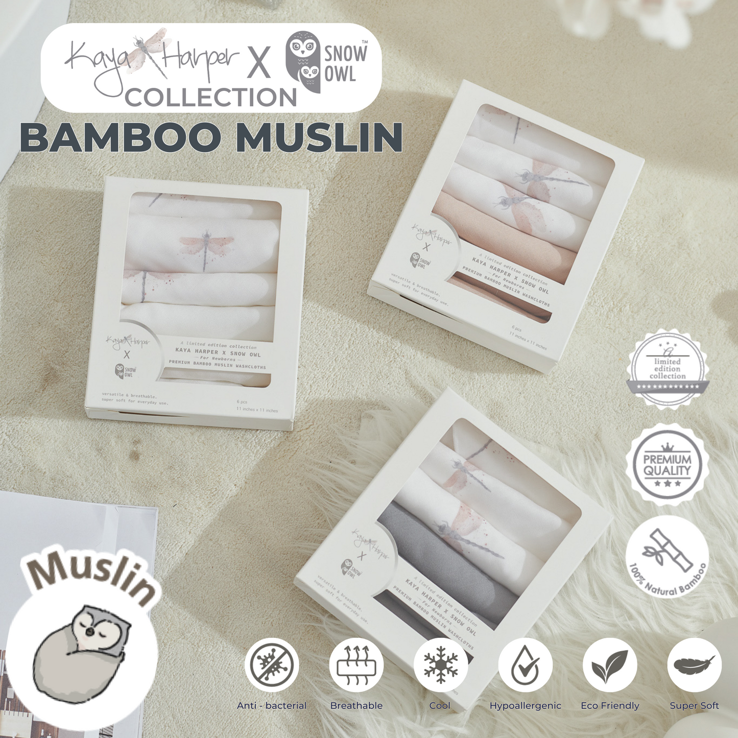 Snow Owl Bamboo Muslin Kaya Harper 30x30 Pack of 3 - Dragon Fly Gray