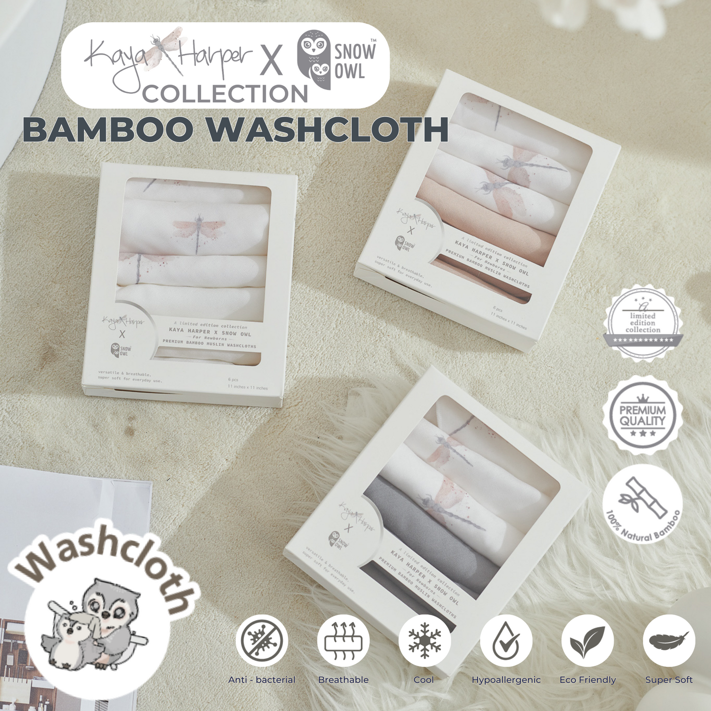 Snow Owl Bamboo Washcloth Kaya Harper 11x11 Pack of 6 - Dragonfly Gray