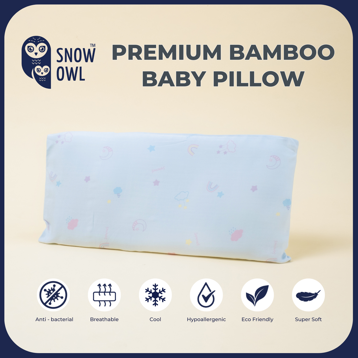 Snow Owl Bamboo Baby Pillow - Lovely Sky Blue