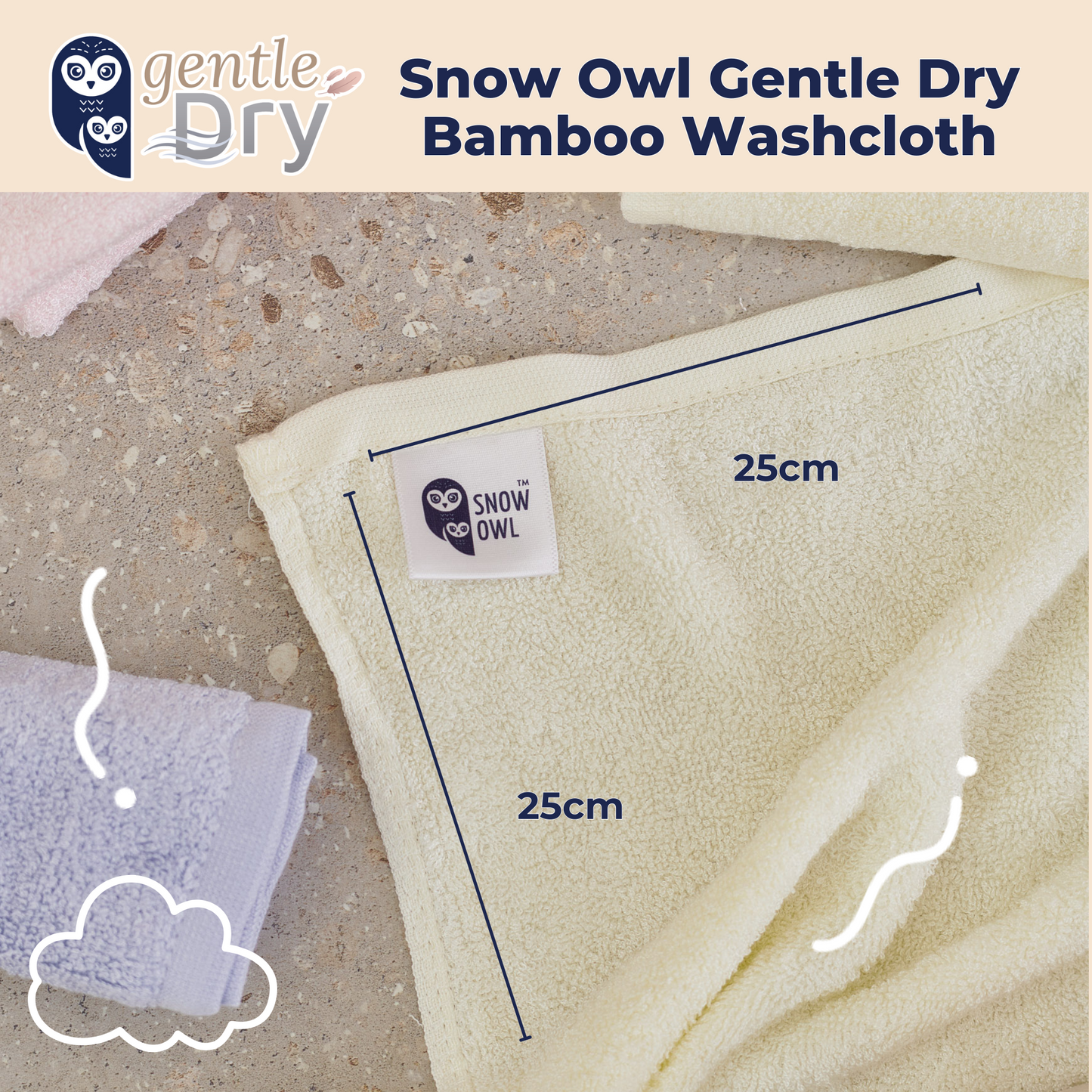Snow Owl Gentle Dry Bamboo Washcloth - White (Pack of 3)