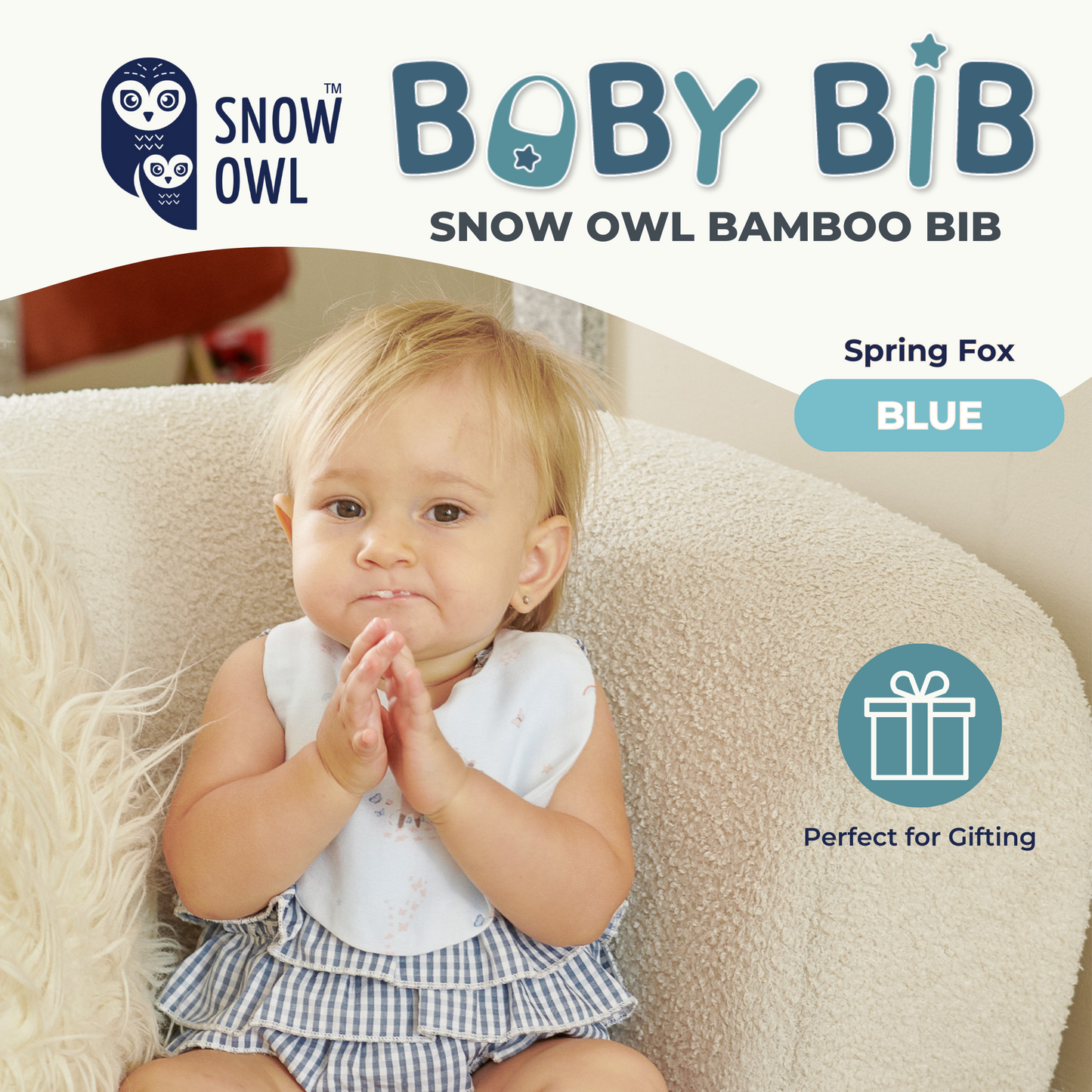 Snow Owl Bamboo Baby Bib Spring Fox Blue