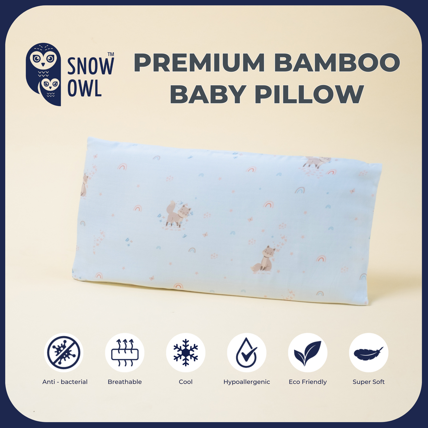 Snow Owl Bamboo Baby Pillow - Spring Fox Blue