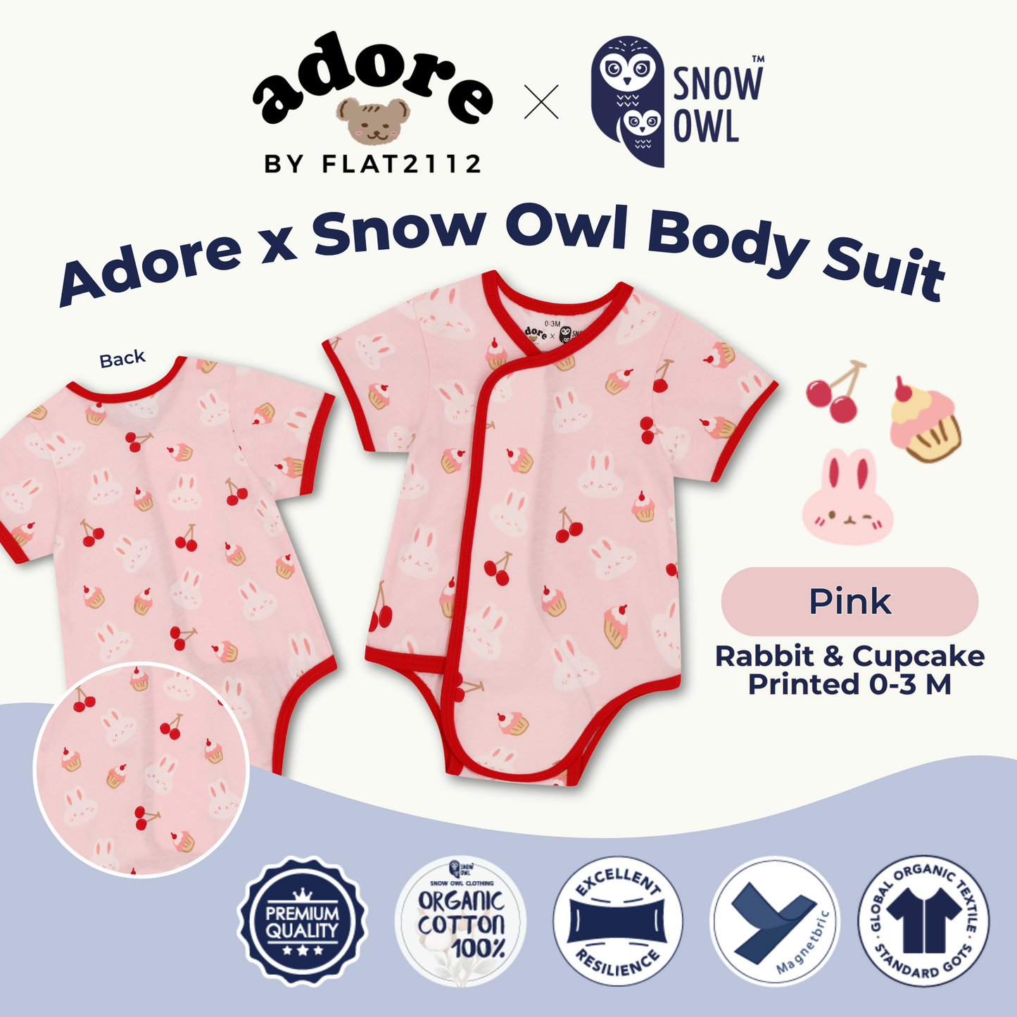 Adore x Snow Owl Body Suit - Rabbit & Cupcake Printed Pink 0-3 M