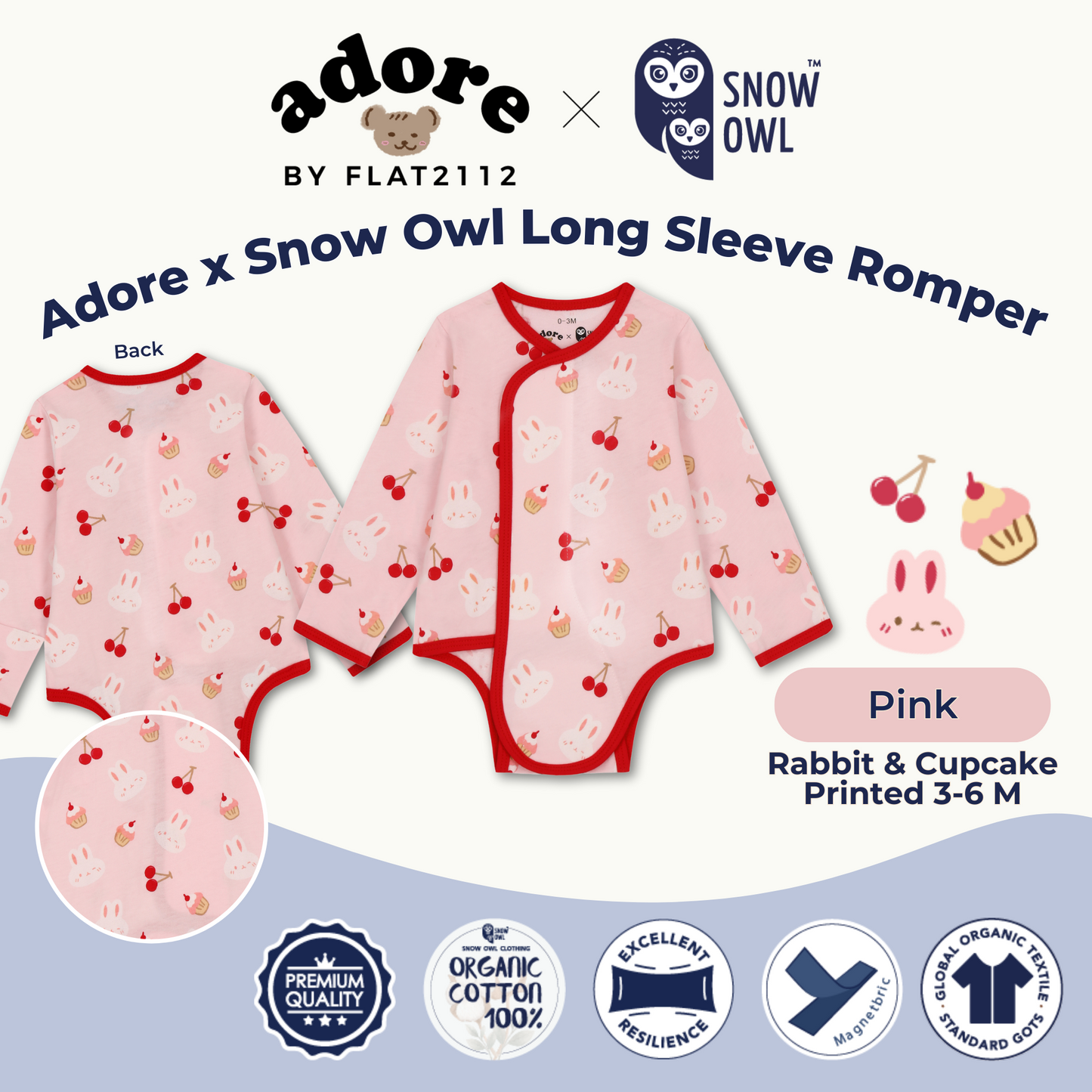 Adore x Snow Owl Long Sleeve Romper Rabbit & Cupcake Printed/Pink 3-6 M