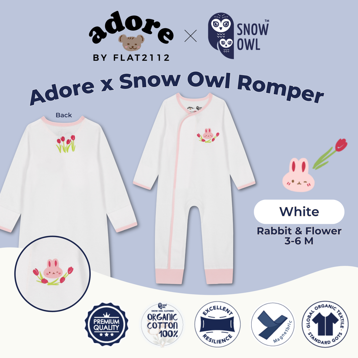Adore x Snow Owl Romper - Rabbit & Flower White 3-6 M