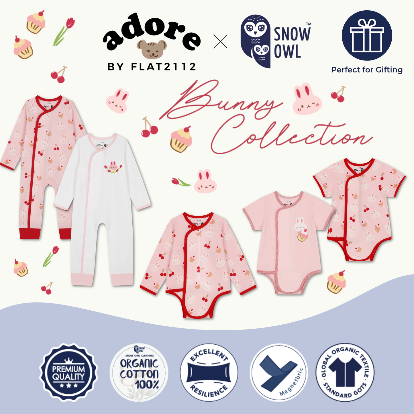 Adore x Snow Owl Body Suit - Rabbit & Cupcake Printed Pink 0-3 M