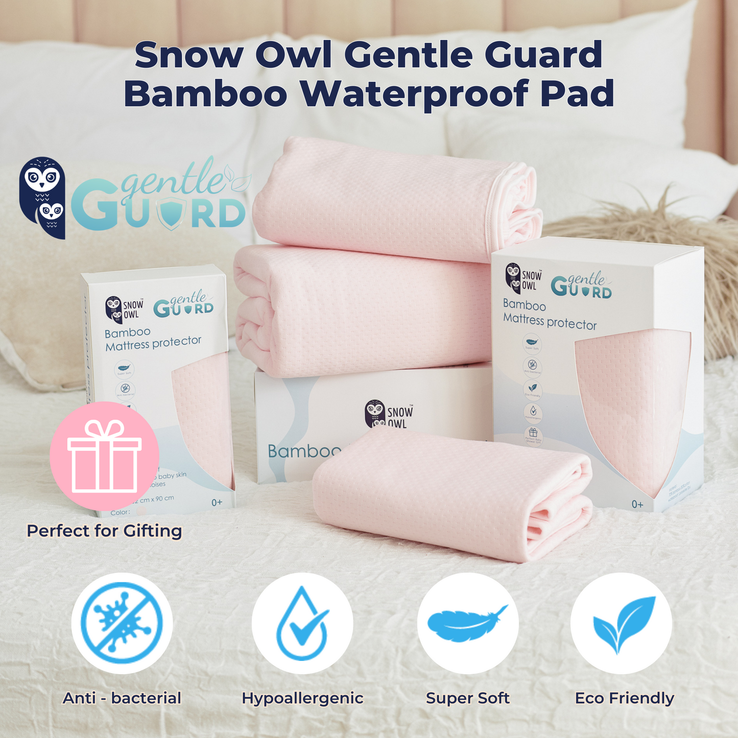 Snow Owl Gentle Guard Bamboo Waterproof Mattress Pad - Large Pink