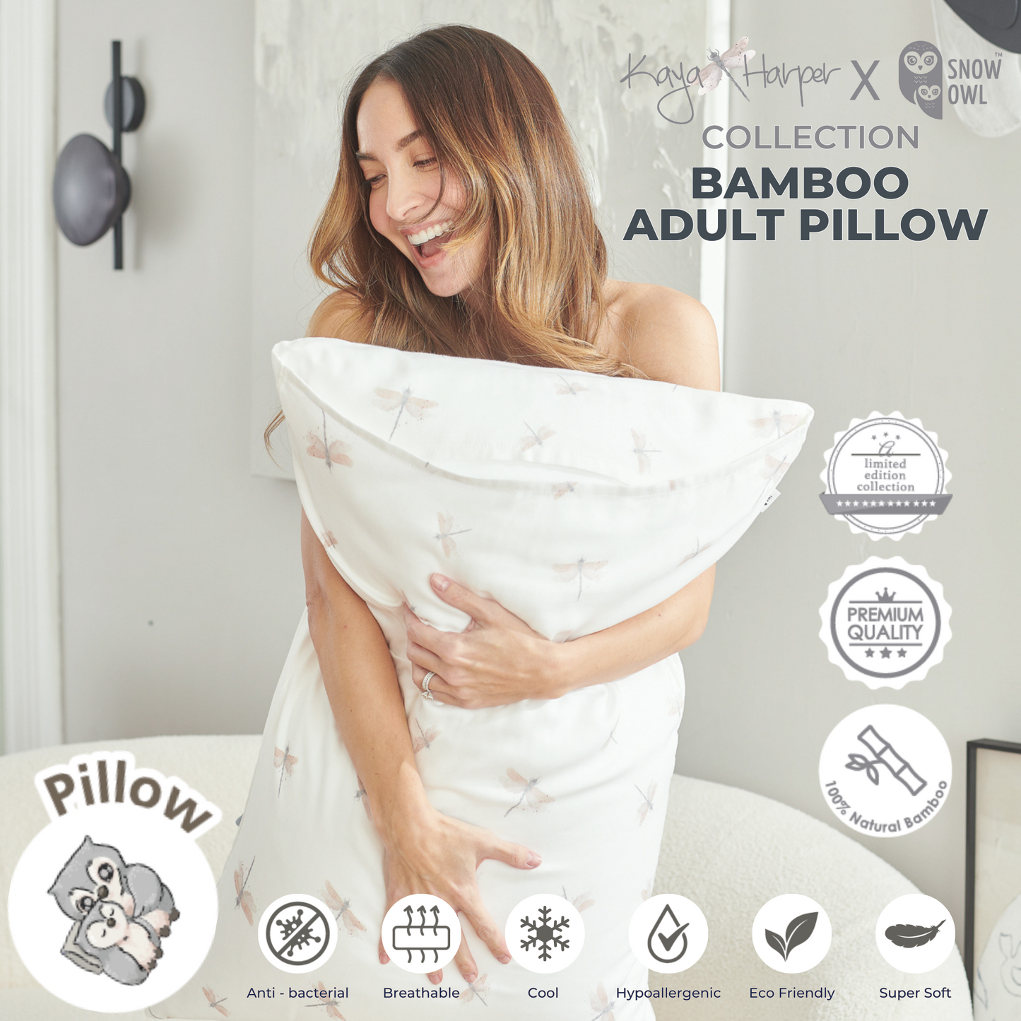 Snow Owl Bamboo Adult Pillow Kaya Harper - Dragon Fly