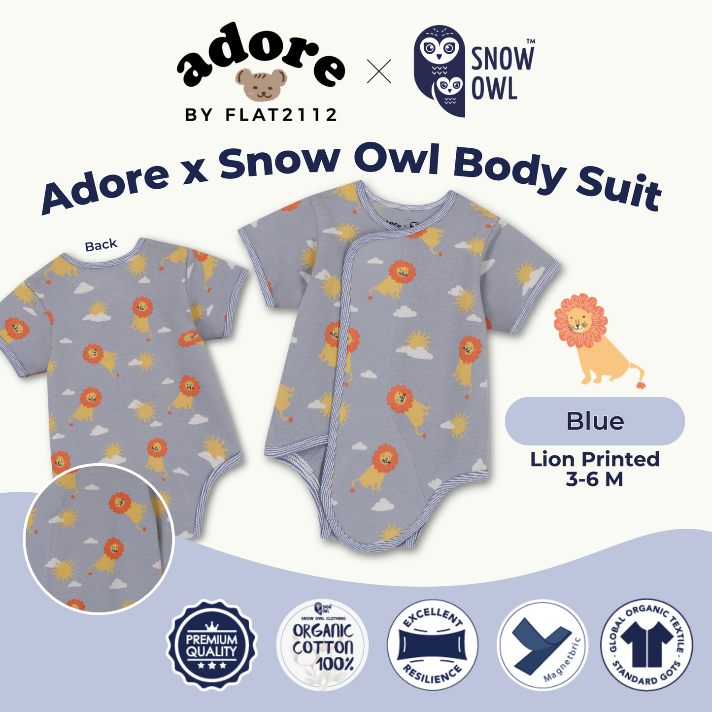 Adore x Snow Owl Body suit - Lion Printed Blue 3-6 M