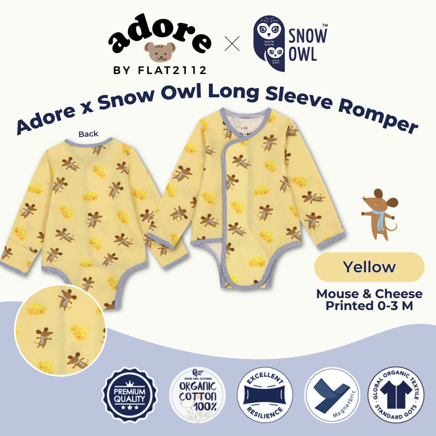 Adore x Snow Owl Long Sleeve Romper - Mouse & Cheese Printed Yellow 0-3 M