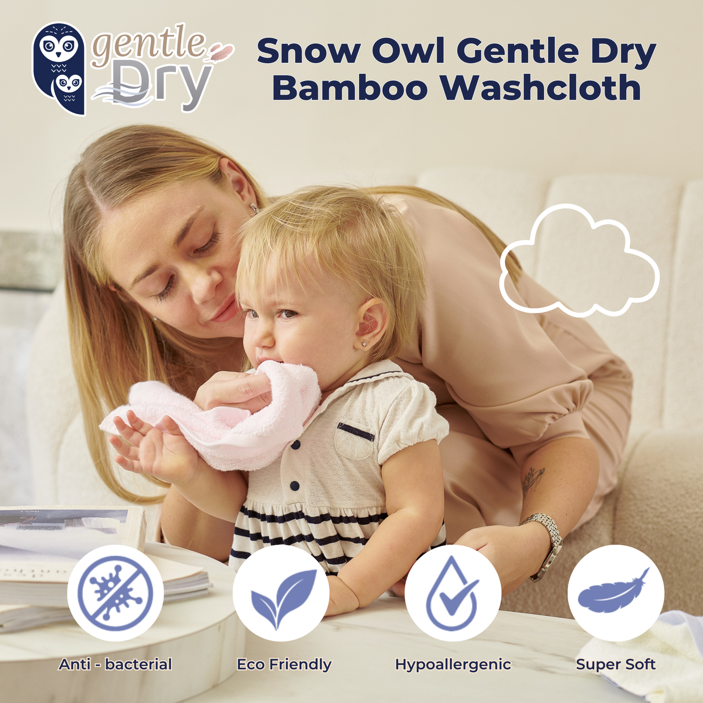 Snow Owl Gentle Dry Bamboo Washcloth - Pink (Pack of 3)