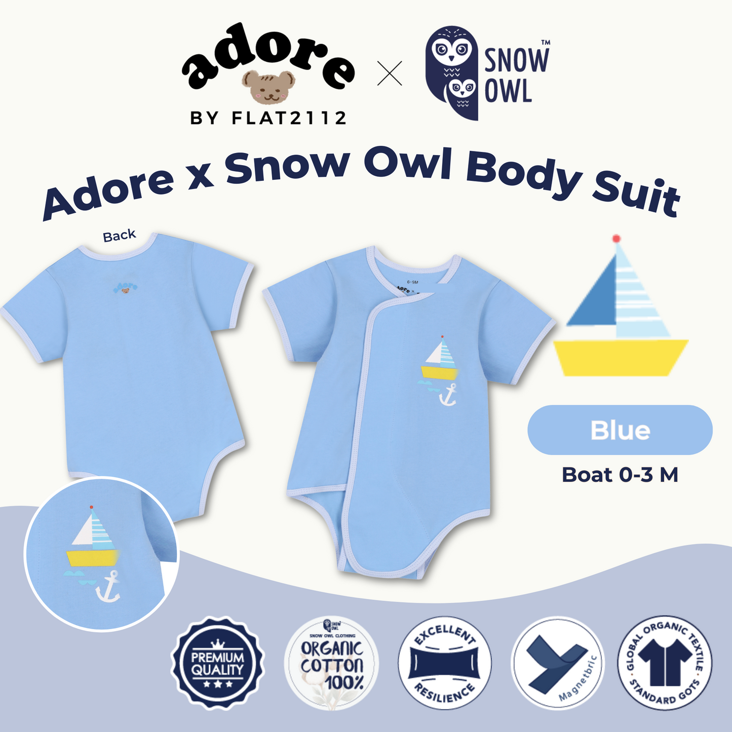 Adore x Snow Owl Body Suit - Boat Blue 0-3 M
