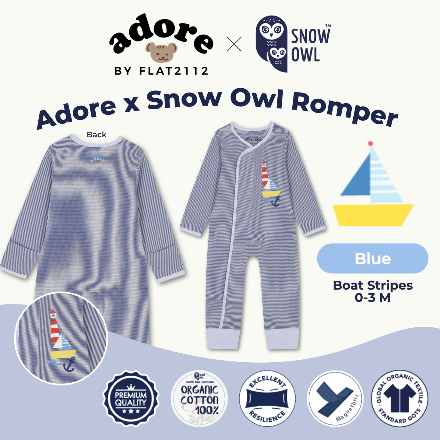 Adore x Snow Owl Romper - Boat Blue Stripes 0-3 M