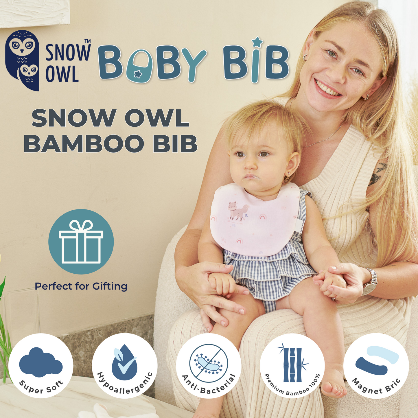 Snow Owl Bamboo Baby Bib Spring Fox Blue